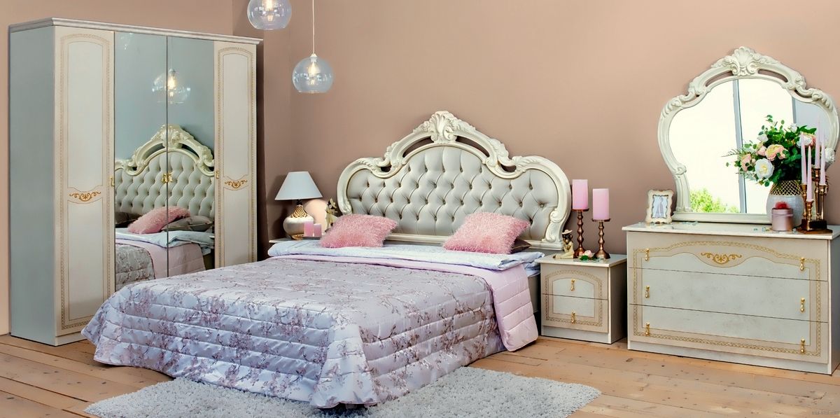 Спальня Ирина с 4-x дверным шкафом, цвет Беж, кровать 180*200 с мягким ...